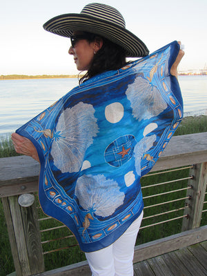 Sea Fan in Blue Square Scarf by Eden Shell on Model