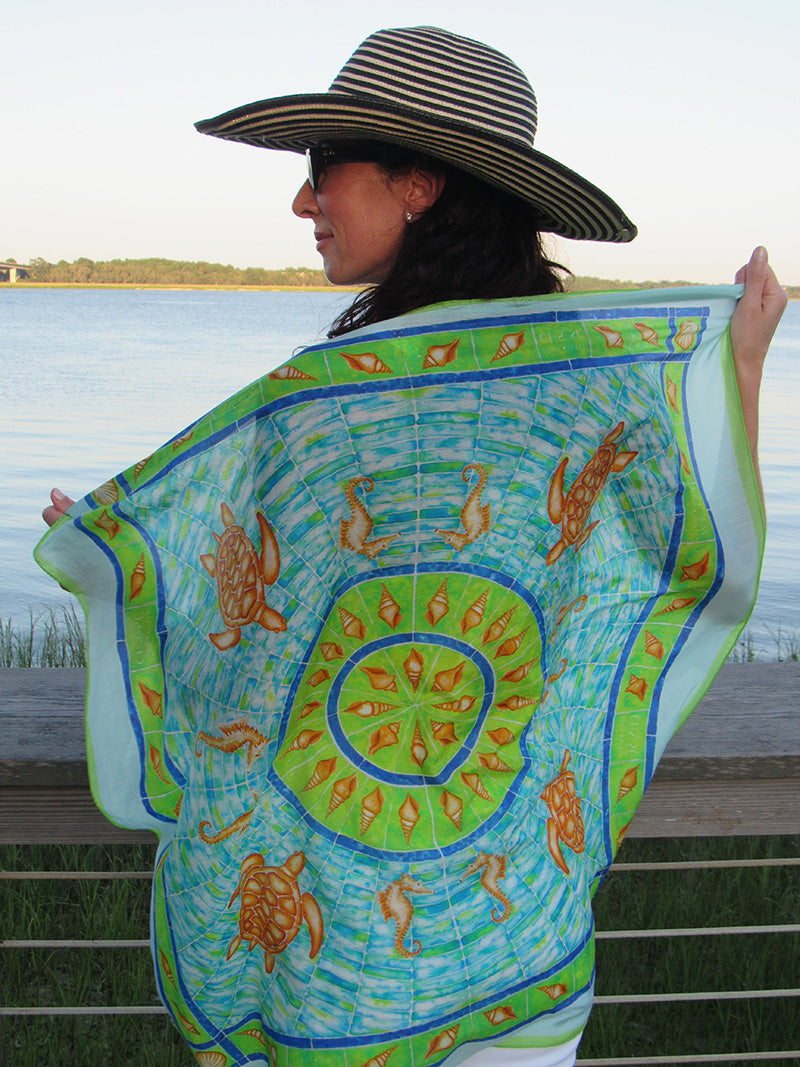 Tight Shot of Sea Glass Square Scarf by Eden Shell on Model